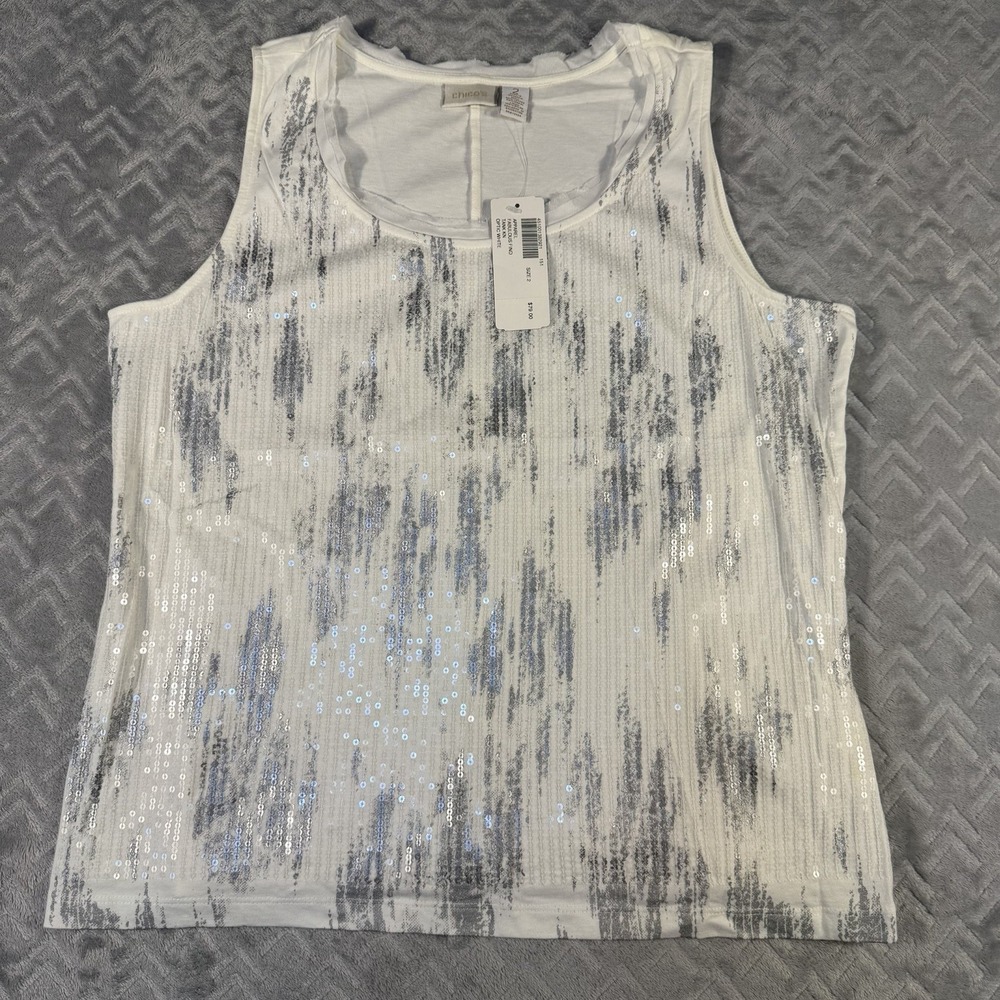 Chico's Tank Top Blouse Size Large‎ (2) White Silver Sequins Scoop Neck NWT